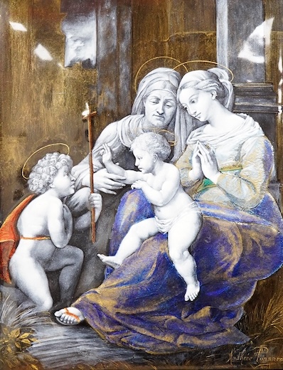 Andree Ponsard (19th/20th century), 'The Holy Family with the Infant Saint John the Baptist', signed and dated 1909 lower right , enamels on copper, overall 34 x 29cm